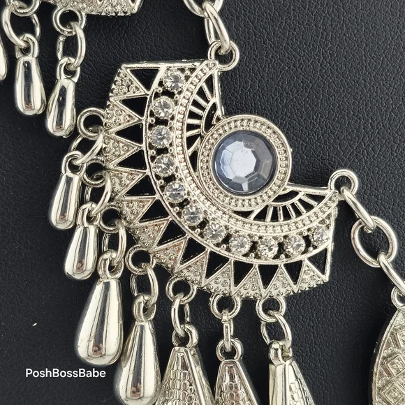 Boho Statement Necklace with Silver-Tone Crescent Medallions – 20-23" Length - Picture 9 of 12